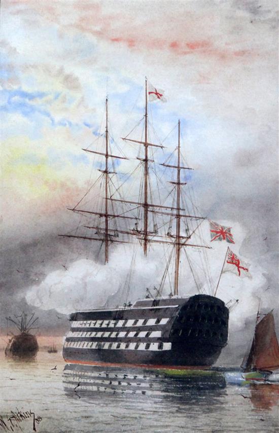 William Edward Atkins HMS Victory in the harbour, 8.5 x 5.75in.